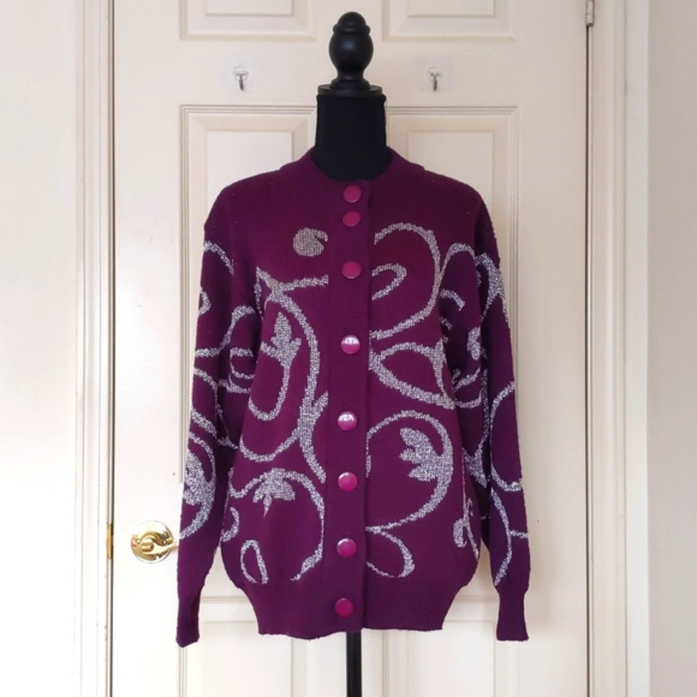 Purple with Silver Knit Design Cardigan Sweater.